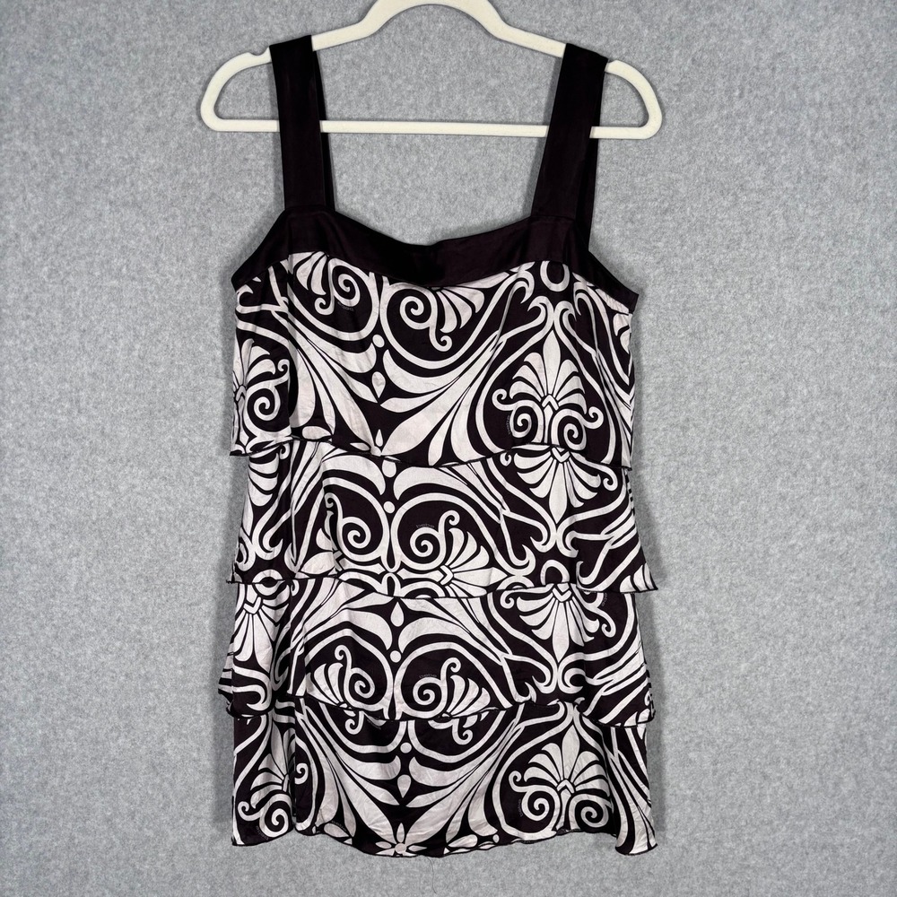 Y2K Yanak Bebe Silk Tiered Mini Dress Medium Brown Cream Scroll Festival Party